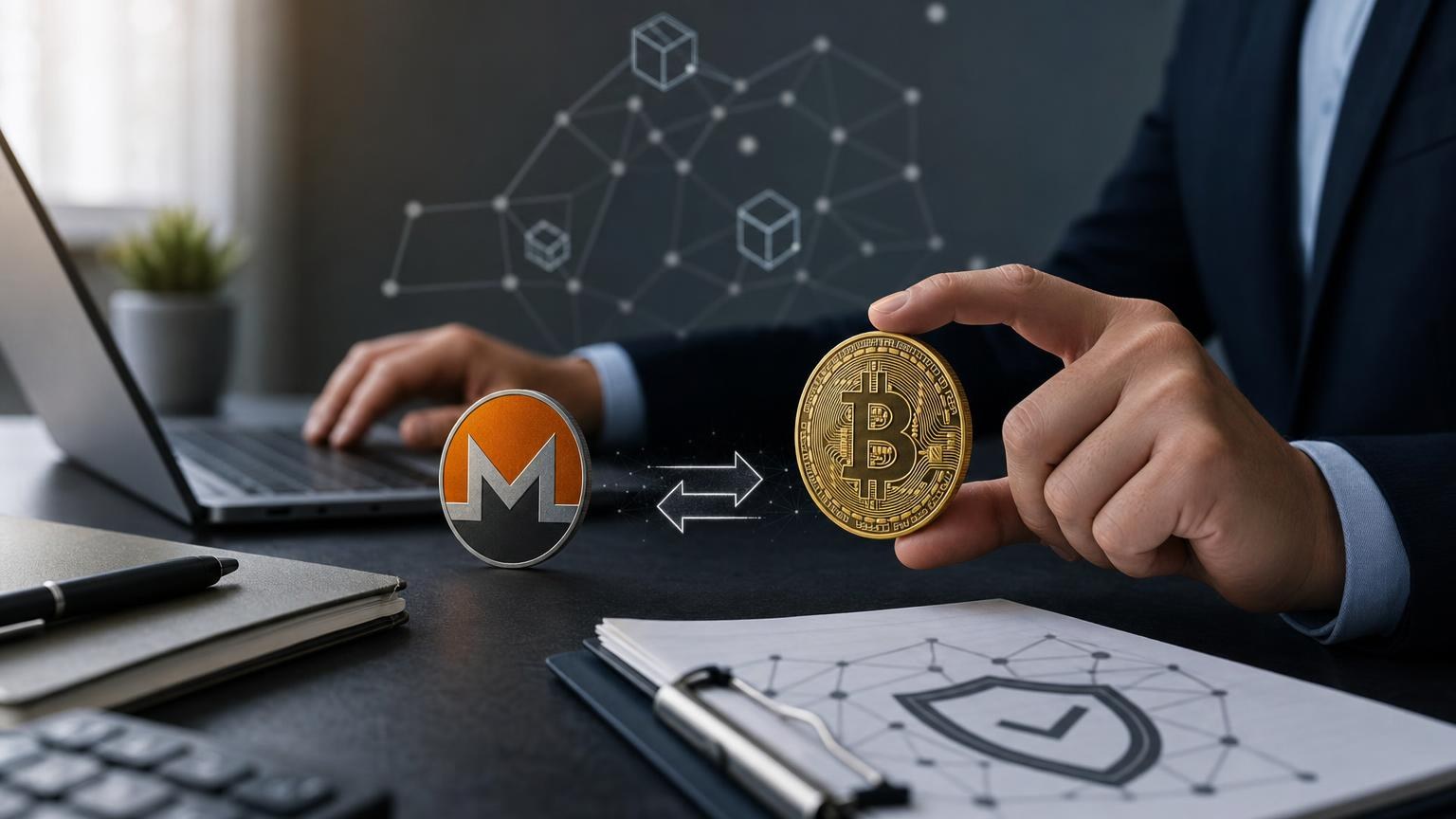 A Monero-to-Bitcoin exchange route showing address checks, transaction IDs, confirmations, and recovery steps for a delayed transfer